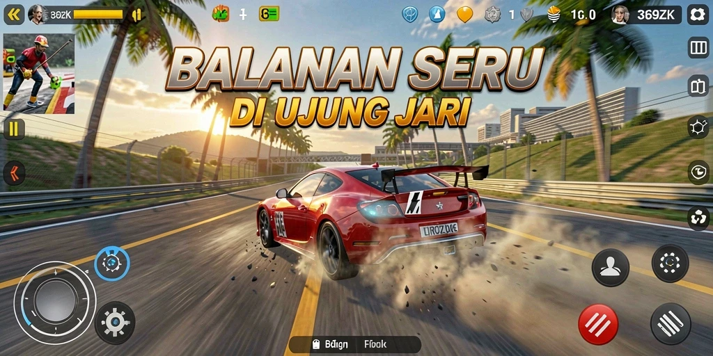 Screenshot gameplay menampilkan aksi balapan seru di 369ZK.