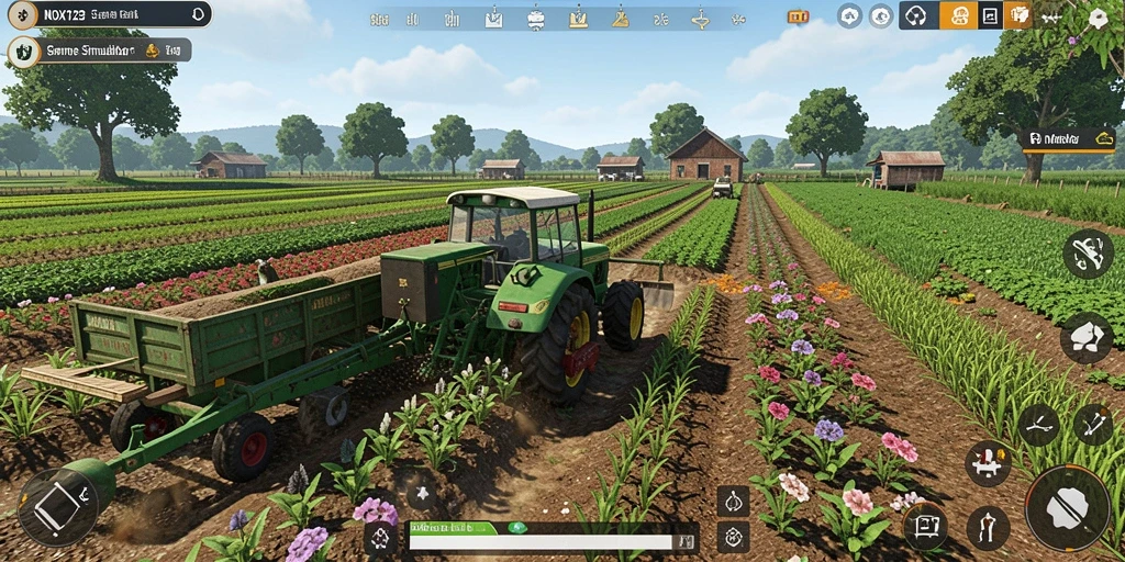 Screenshot gameplay NOX123 menampilkan ladang hijau yang subur.