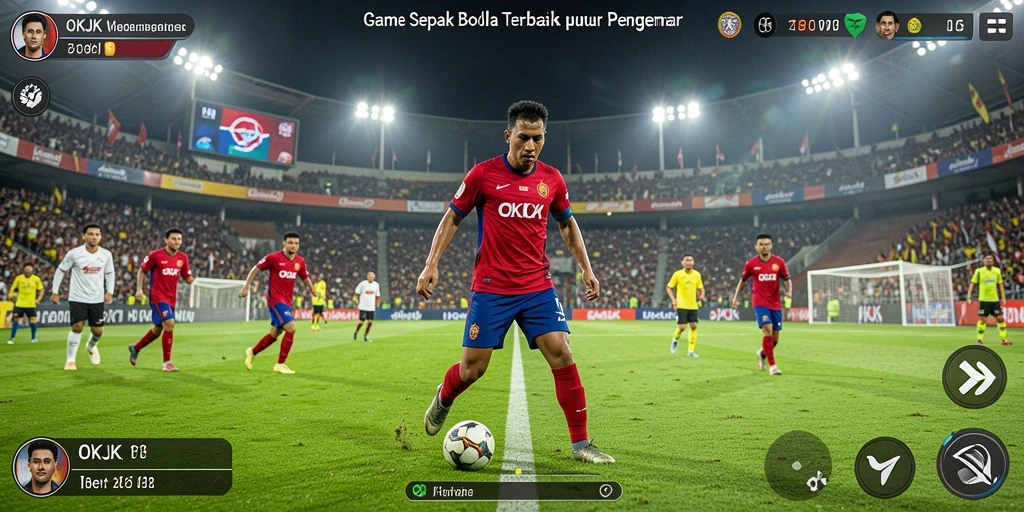 Screenshot utama OKJK menampilkan aksi seru di lapangan sepak bola.