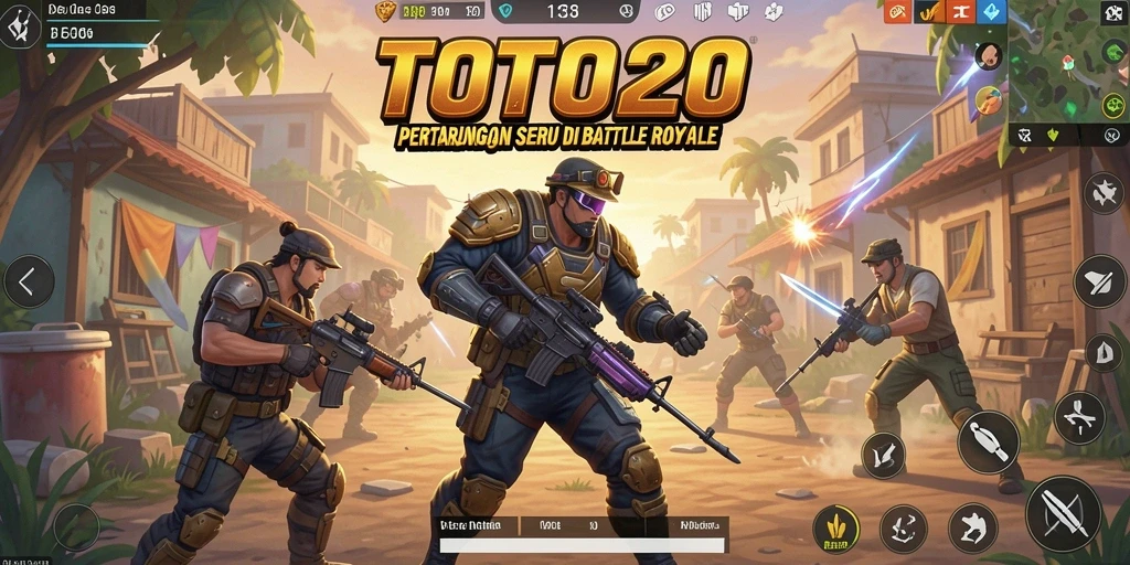 Screenshot utama TOTO20 menunjukkan aksi seru di tengah pertempuran Battle Royale.